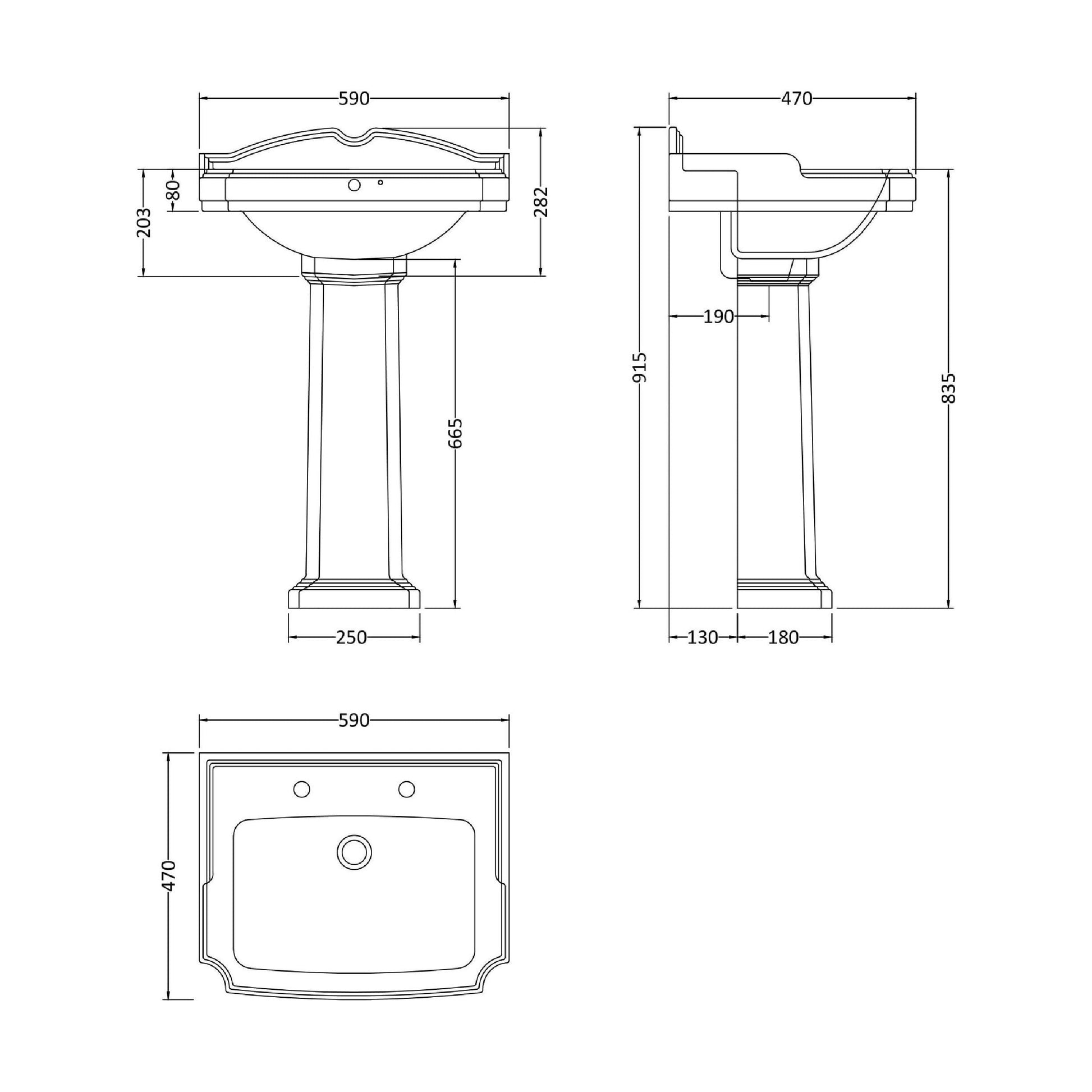 [BCLG004] Whitgreave Traditional 2 Tap Hole Basin and Full Pedestal, 915 x 470 x 590mm - Technical Drawing