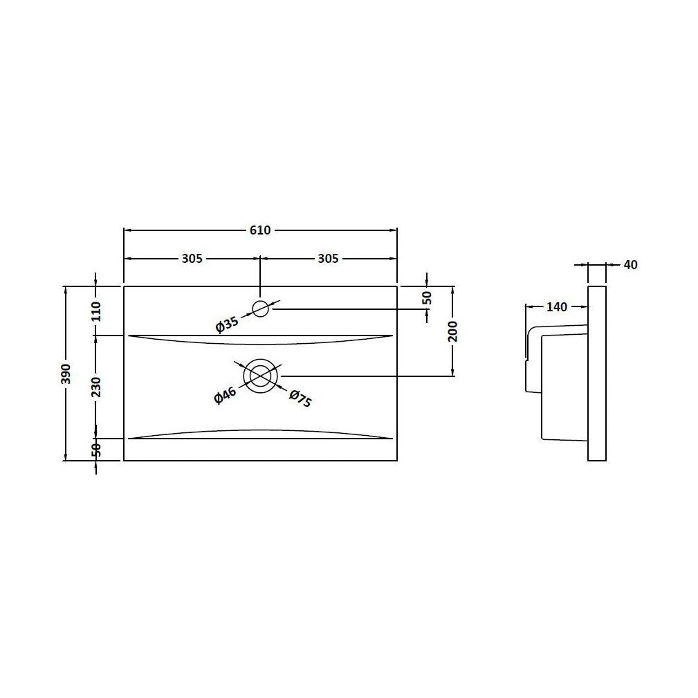 [BCMB013] 600 Mid-Edged Basin 1 Th - Technical Drawing