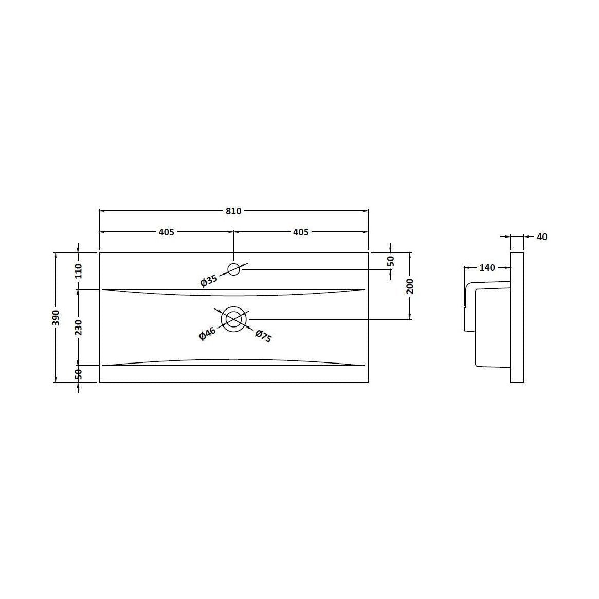 [BCMB015] 800 Mid Edged Basin 1 Th - Technical Drawing