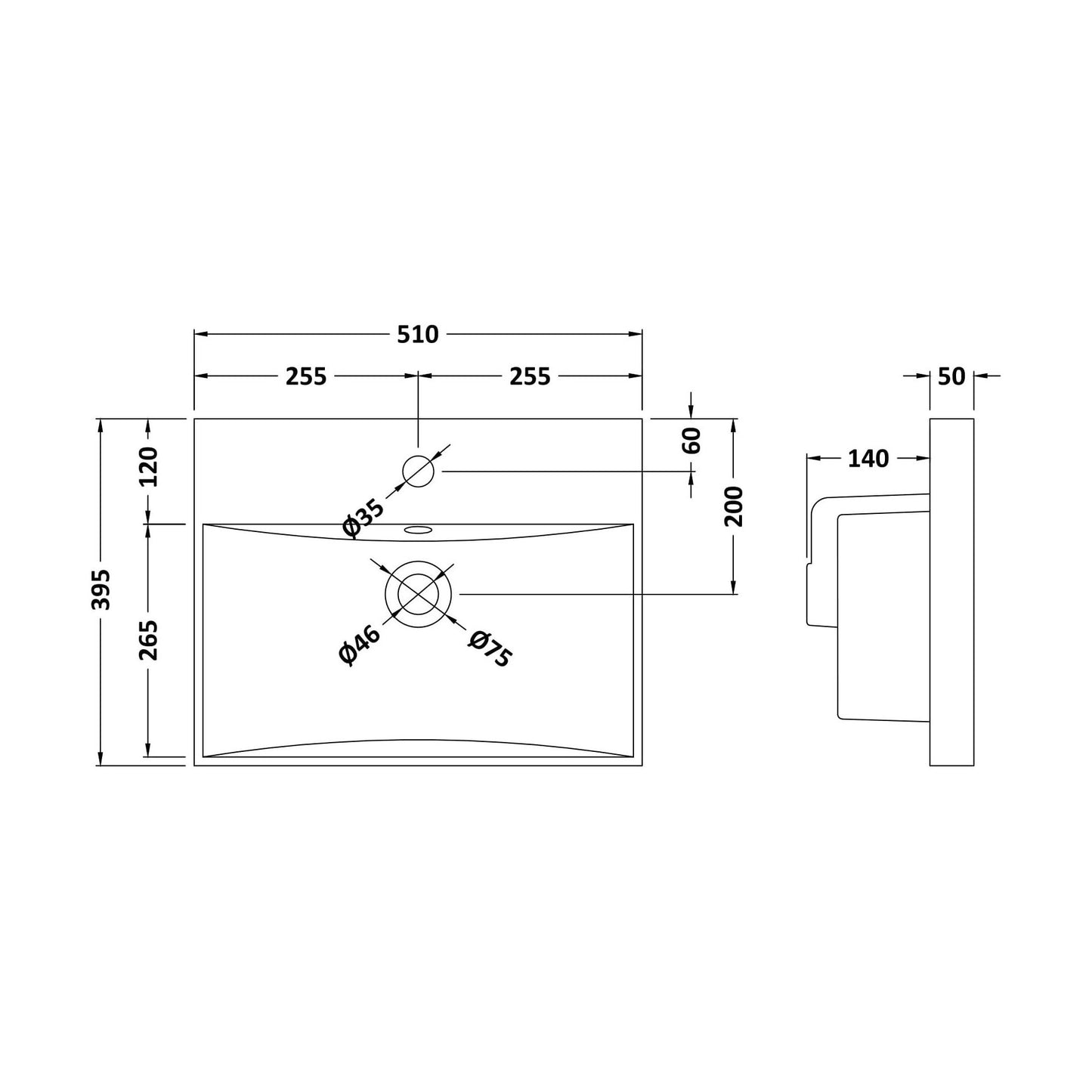 [BCMB032] 500 Thin Edged Basin 1TH - Technical Drawing