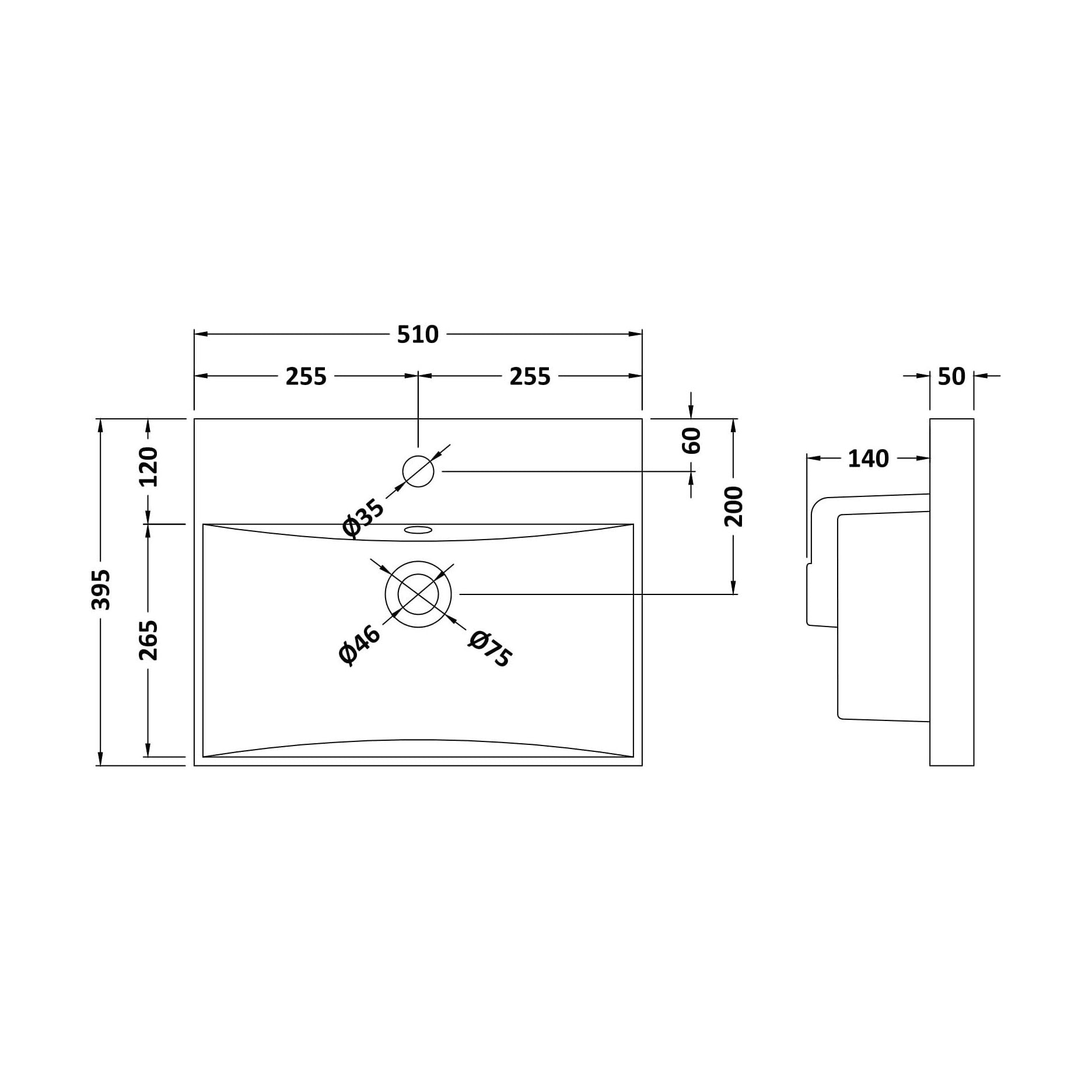 [BCMB032] 500 Thin Edged Basin 1TH - Technical Drawing