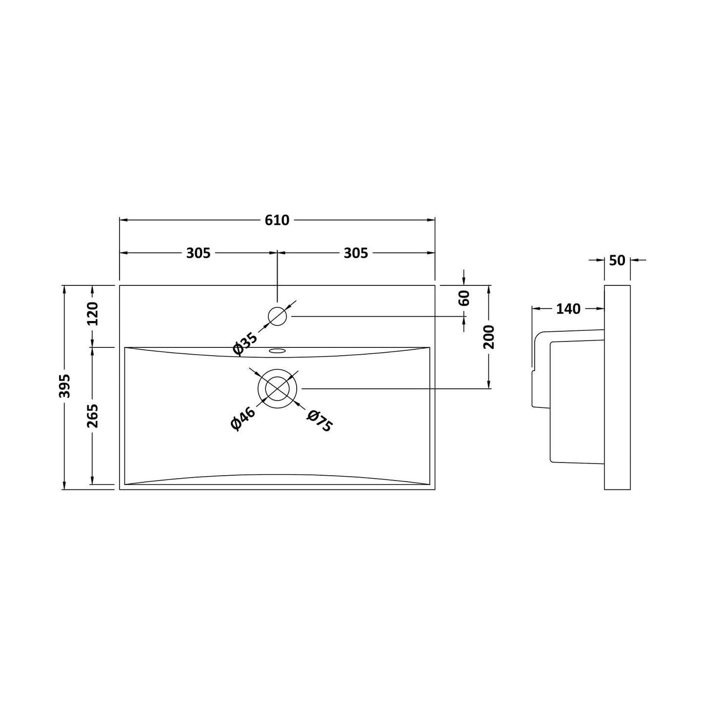 [BCMB033] 600 Thin Edged Basin 1TH - Technical Drawing