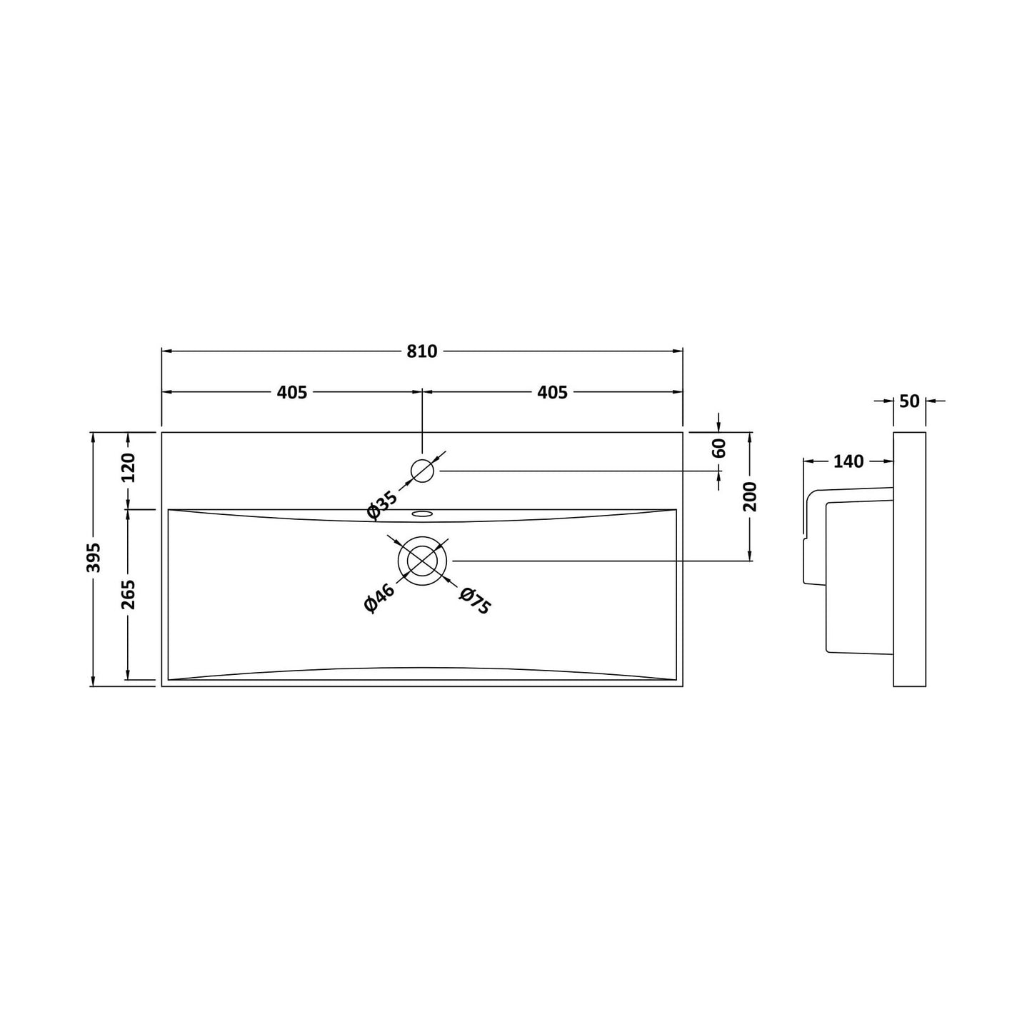 [BCMB035] 800 Thin Edged Basin 1TH - Technical Drawing