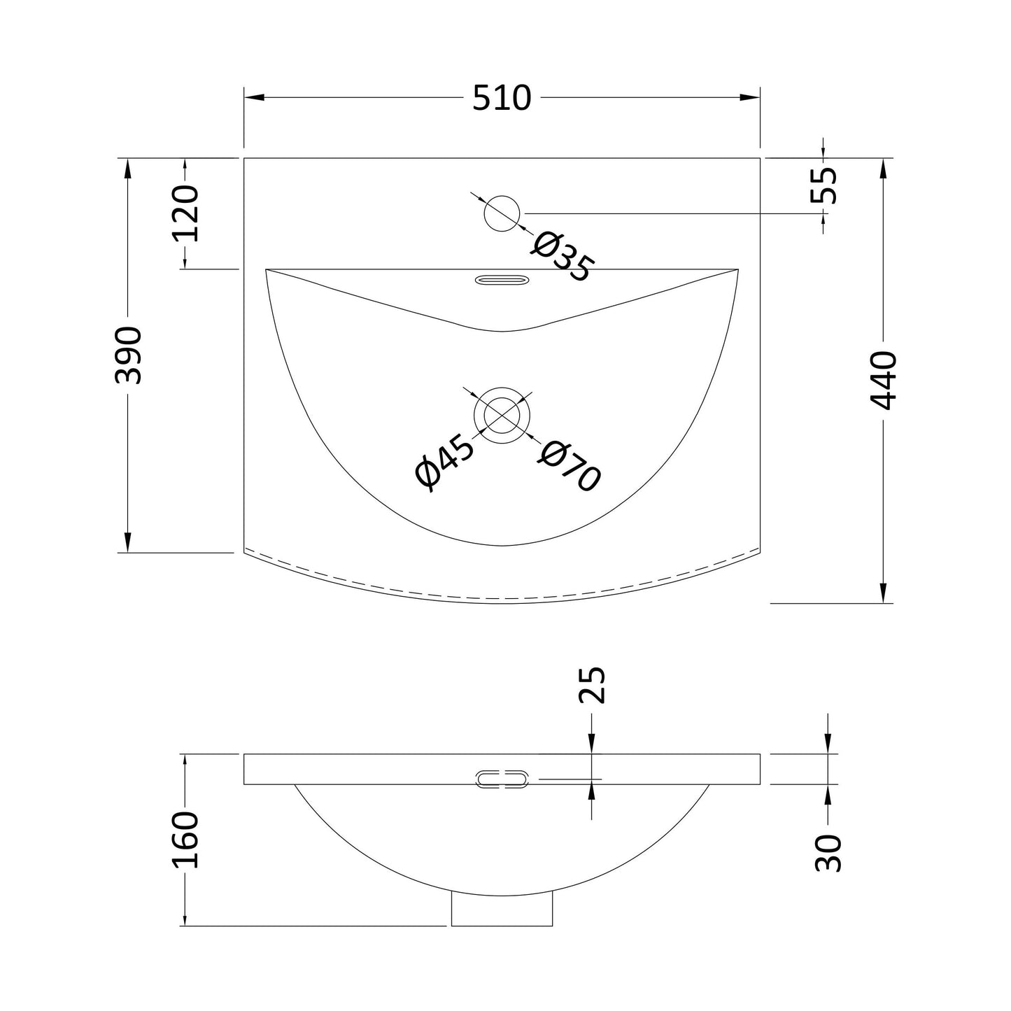 [BCMB042] 500 Curved Basin 1TH - Technical Drawing