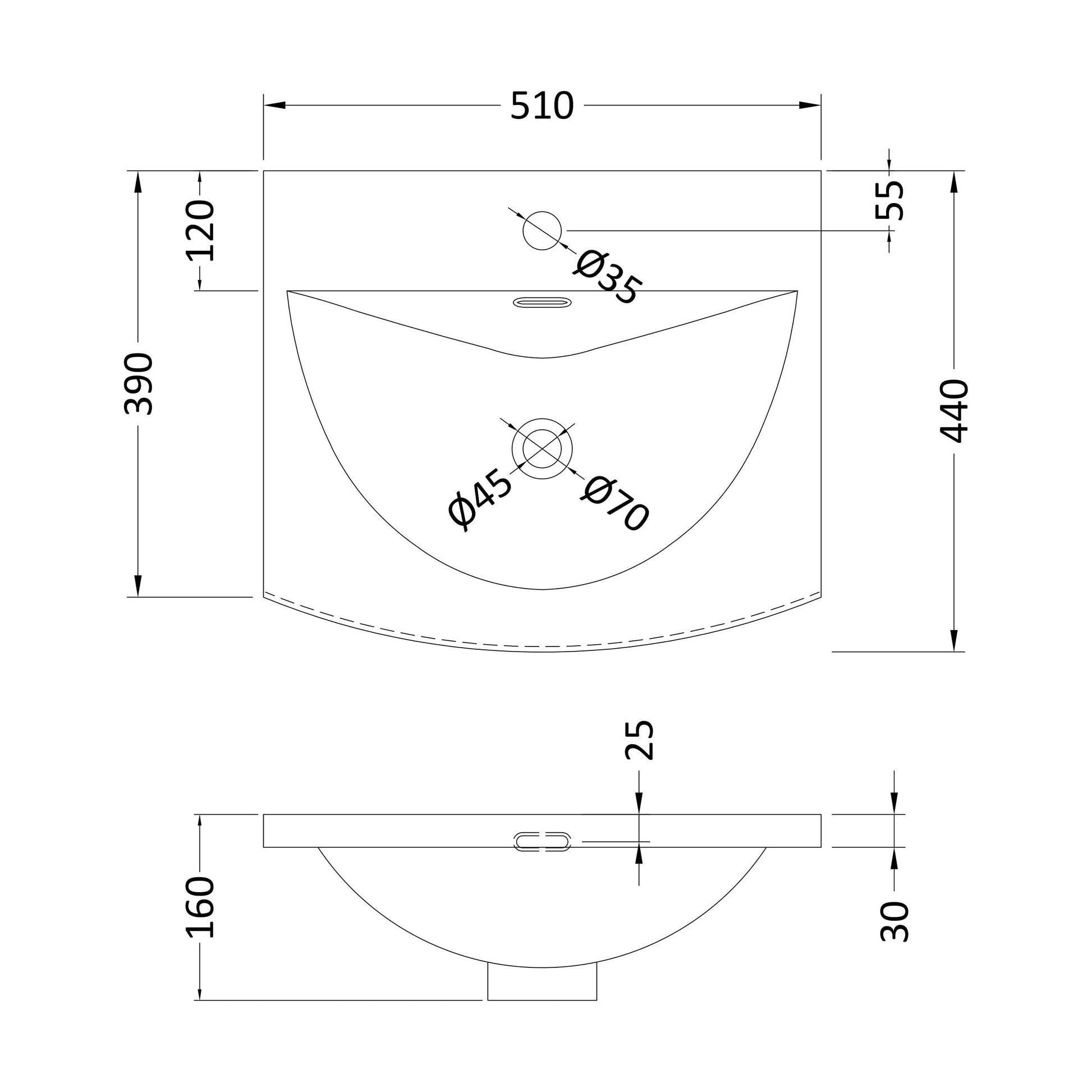 [BCMB042] 500 Curved Basin 1TH - Technical Drawing