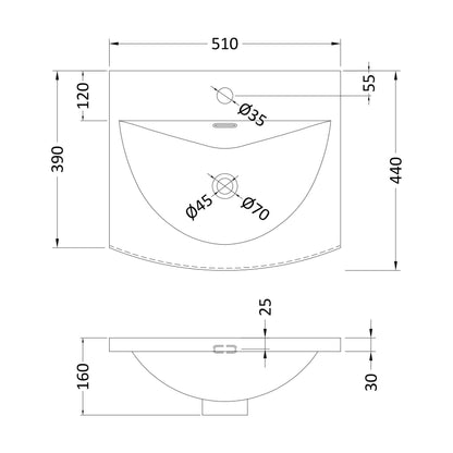 [BCMB042] 500 Curved Basin 1TH - Technical Drawing