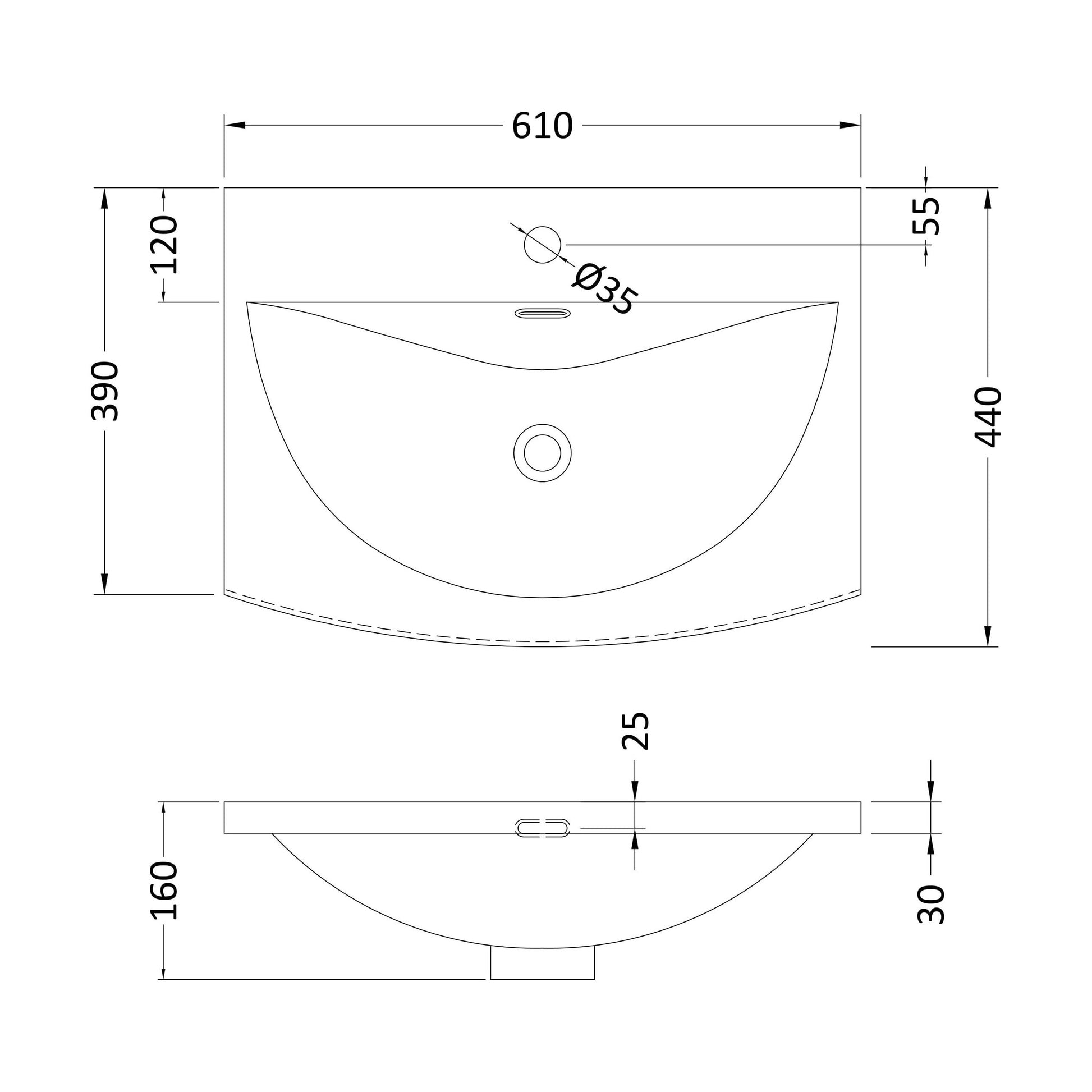 [BCMB043] 600 Curved Basin 1TH - Technical Drawing