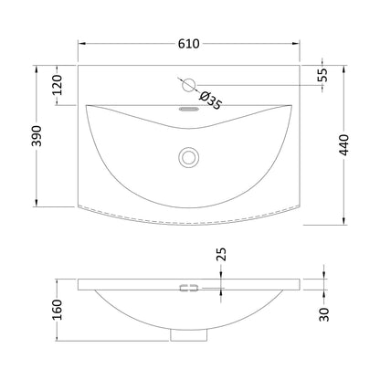 [BCMB043] 600 Curved Basin 1TH - Technical Drawing