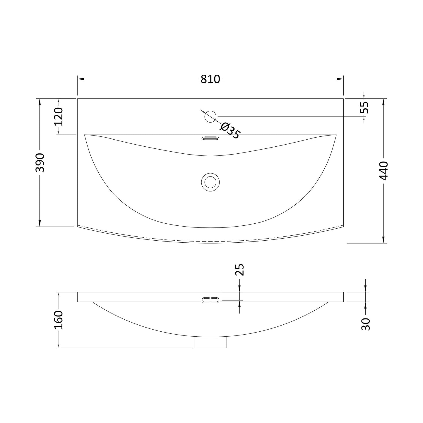 [BCMB045] 800 Curved Basin 1TH - Technical Drawing