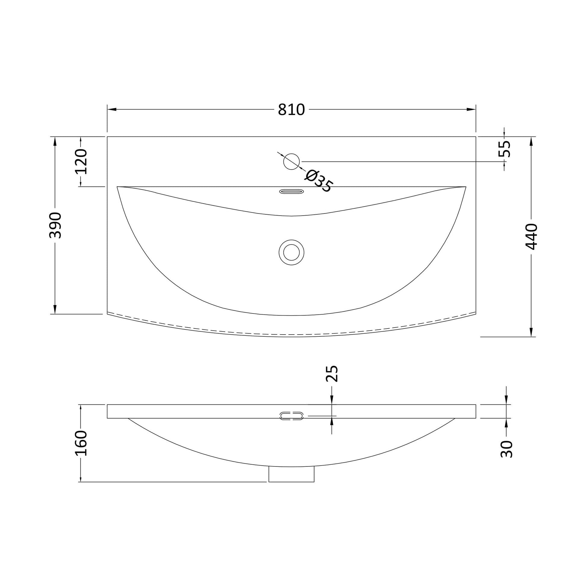 [BCMB045] 800 Curved Basin 1TH - Technical Drawing