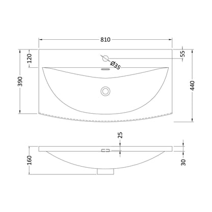 [BCMB045] 800 Curved Basin 1TH - Technical Drawing
