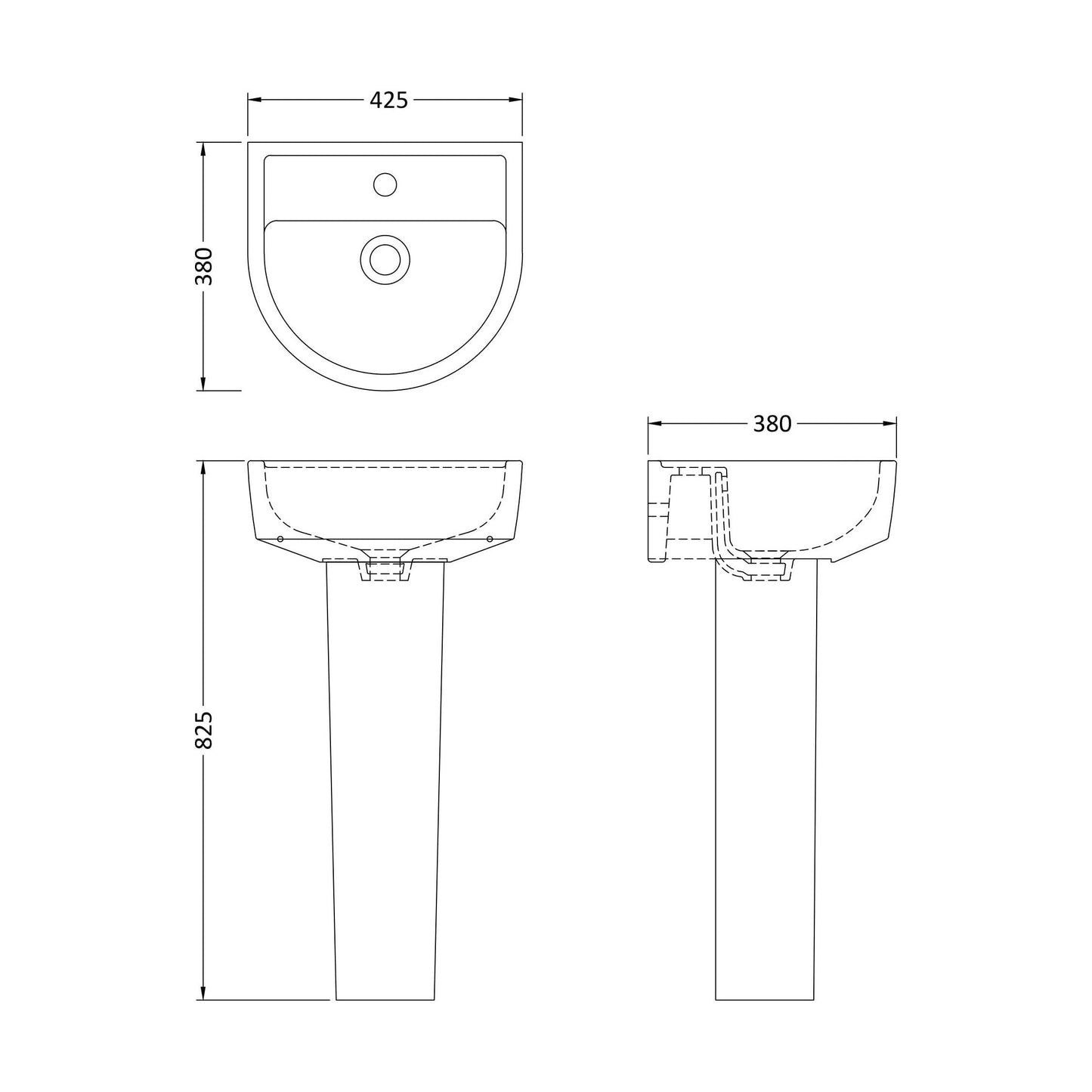 [BCMI002] Balterley Hopwas Ceramic D Shape Basin & Full Pedestal - 420 or 520mm Basin - Technical Drawing