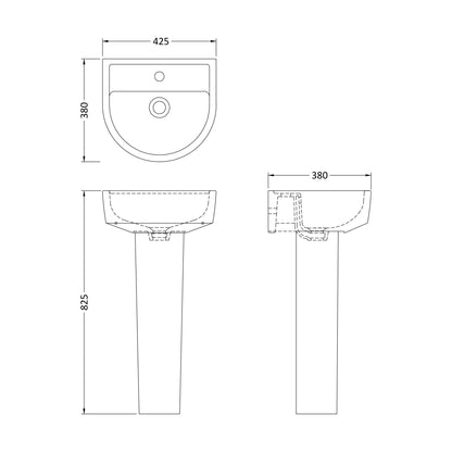 [BCMI002] Balterley Hopwas Ceramic D Shape Basin & Full Pedestal - 420 or 520mm Basin - Technical Drawing
