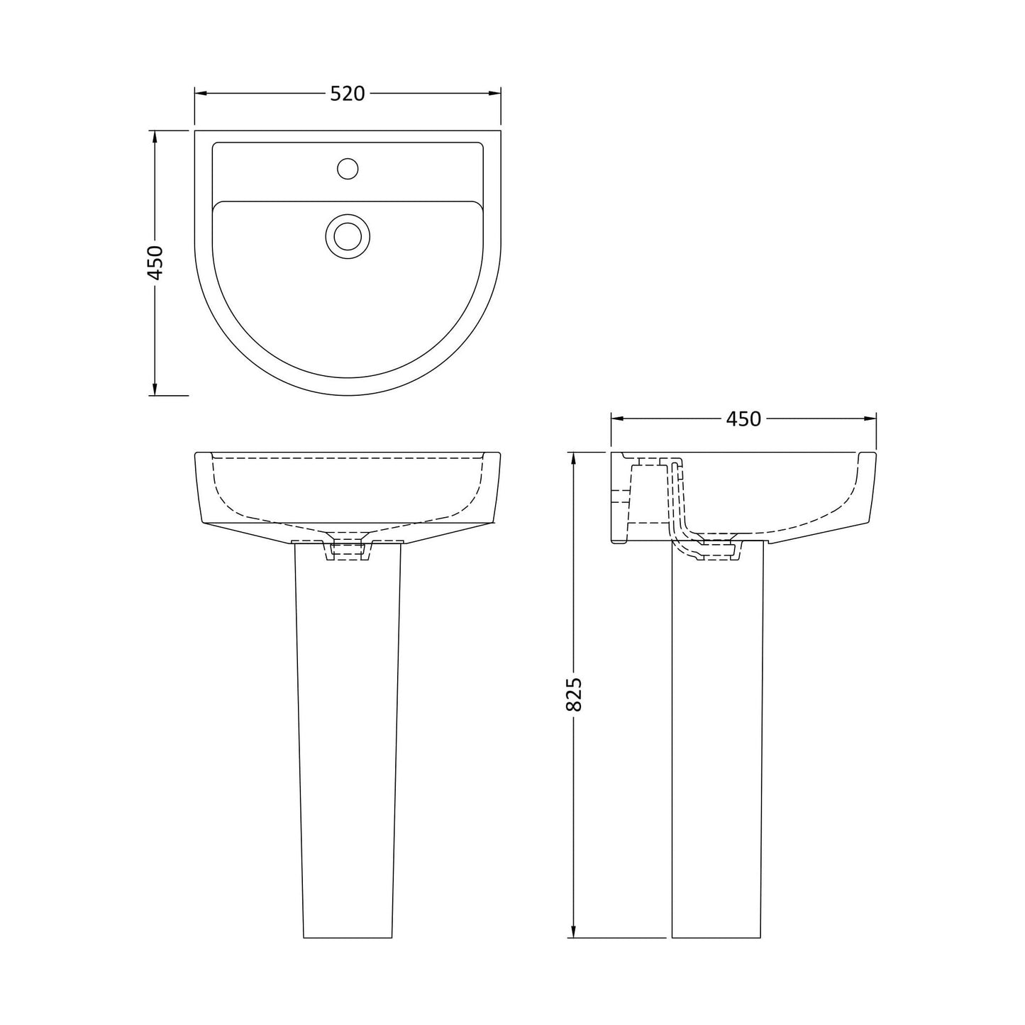[BCMI003] Balterley Hopwas Ceramic D Shape Basin & Full Pedestal - 420 or 520mm Basin - Technical Drawing