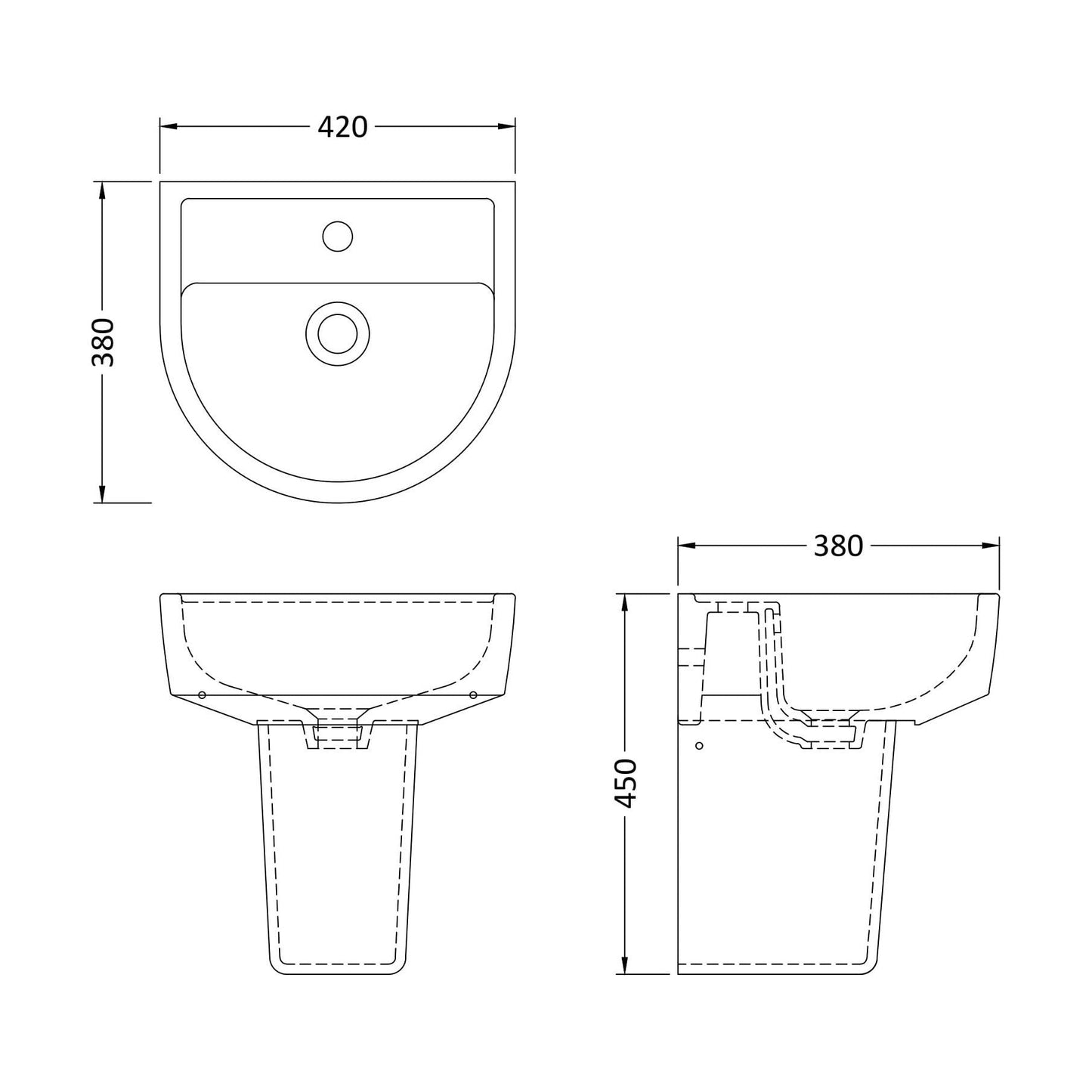 [BCMI004] Hopwas Round D Shape Ceramic Basin and Semi Pedestal - 420 or 520mm Basin - Technical Drawing