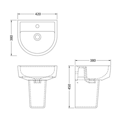 [BCMI004] Hopwas Round D Shape Ceramic Basin and Semi Pedestal - 420 or 520mm Basin - Technical Drawing