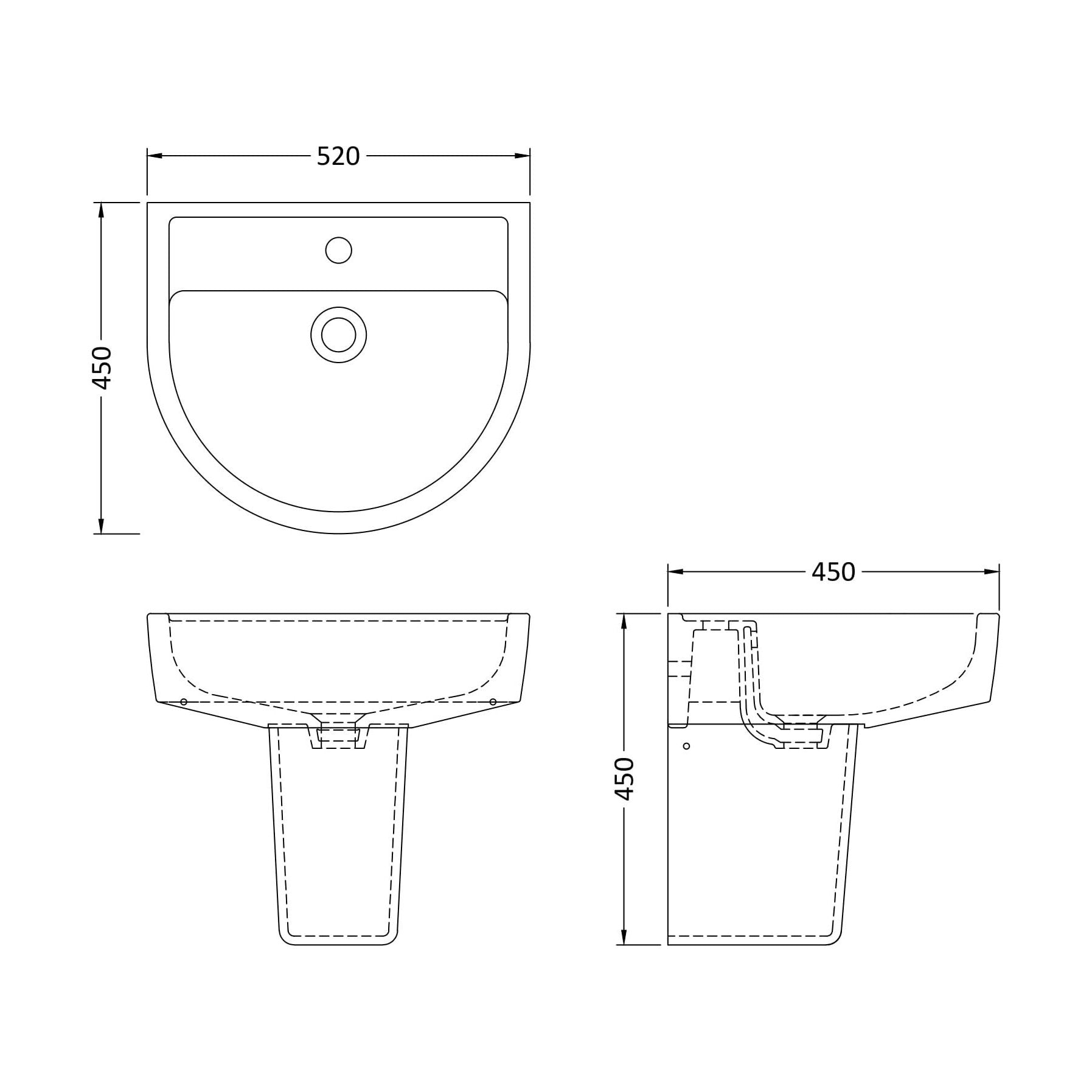 [BCMI005] Hopwas Round D Shape Ceramic Basin and Semi Pedestal - 420 or 520mm Basin - Technical Drawing