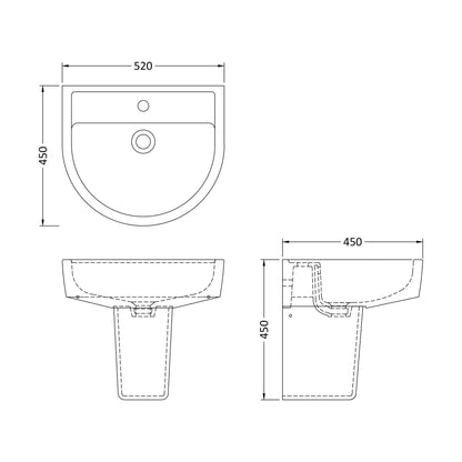 [BCMI005] Hopwas Round D Shape Ceramic Basin and Semi Pedestal - 420 or 520mm Basin - Technical Drawing