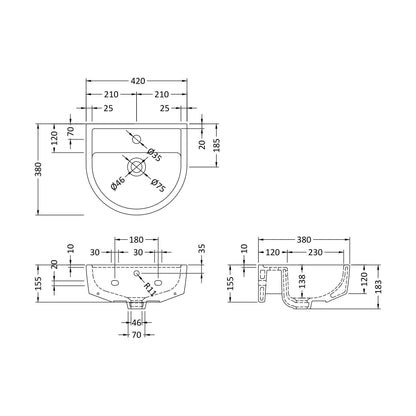 [BCMI402] 420mm Small Basin 1Th - Technical Drawing
