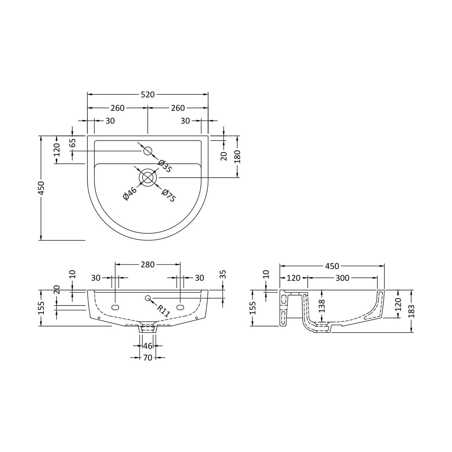 [BCMI404] Medium 520mm Basin 1 TH - Technical Drawing