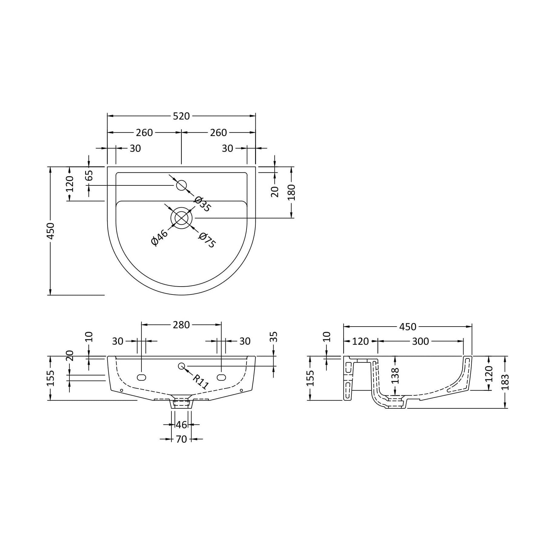 [BCMI404] Medium 520mm Basin 1 TH - Technical Drawing