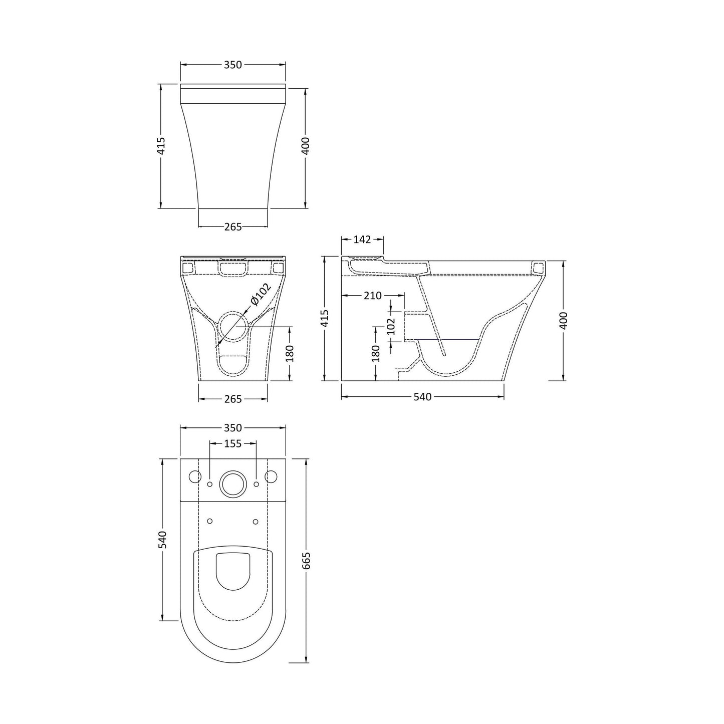 [BCMI600] Back To Wall Close Couple Pan - Technical Drawing