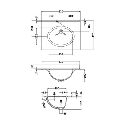 [BCMT223] 600 Single Bowl Marble Top 1TH - Technical Drawing