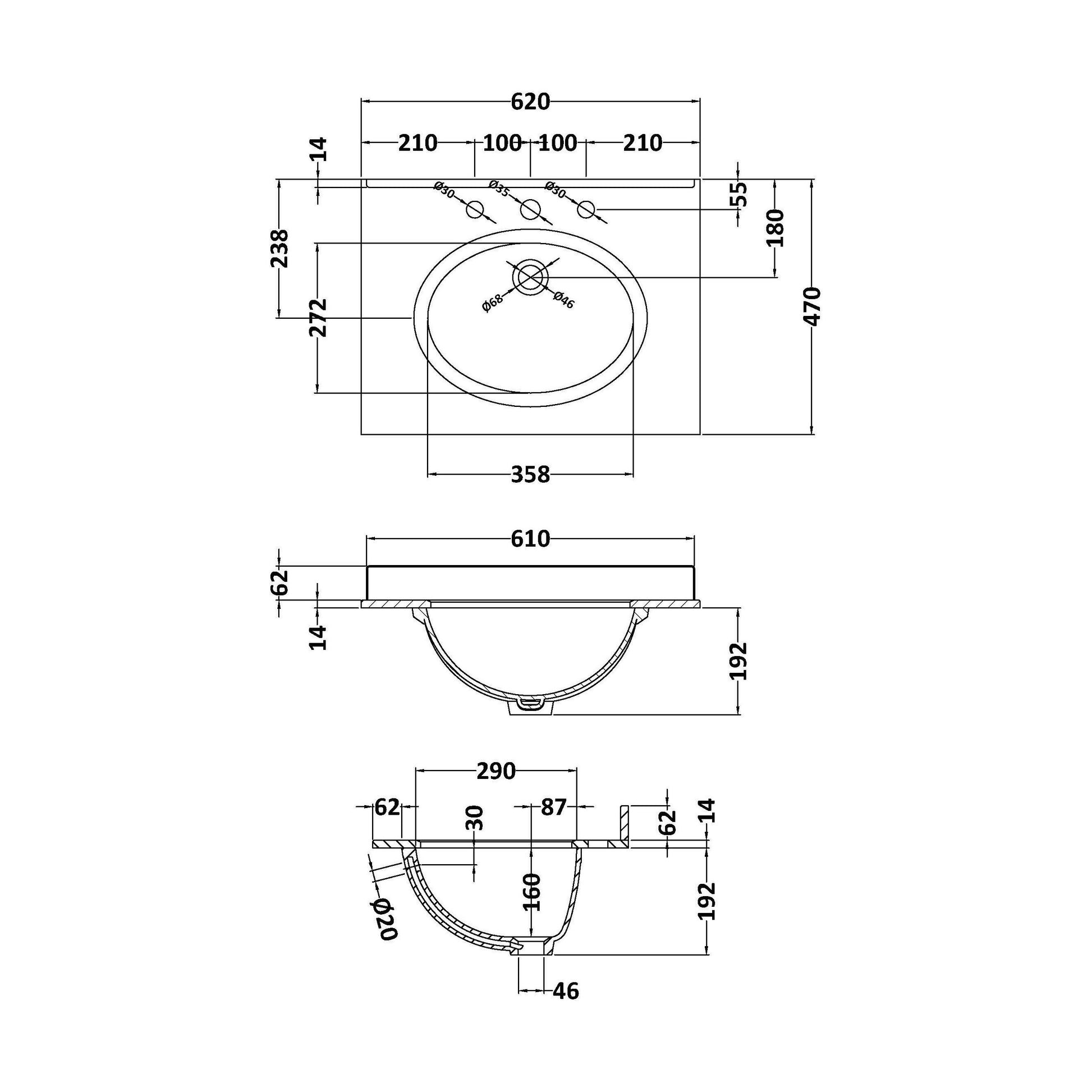 [BCMT225] 600 Single Bowl Marble Top 3TH - Technical Drawing