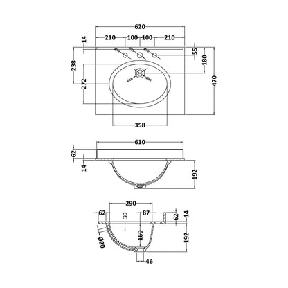 [BCMT226] 600 Single Bowl Marble Top 3TH - Technical Drawing