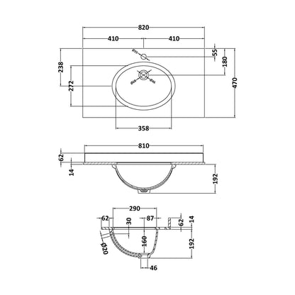 [BCMT229] 800 Single Bowl Marble Top 1TH - Technical Drawing