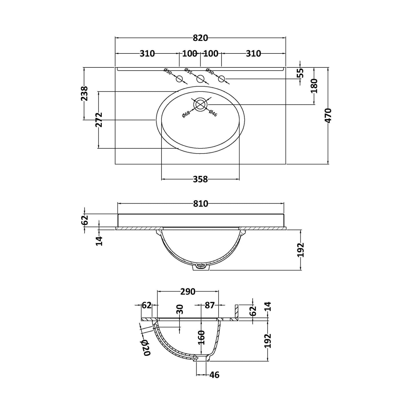 [BCMT232] 800 Single Bowl Marble Top 3TH - Technical Drawing