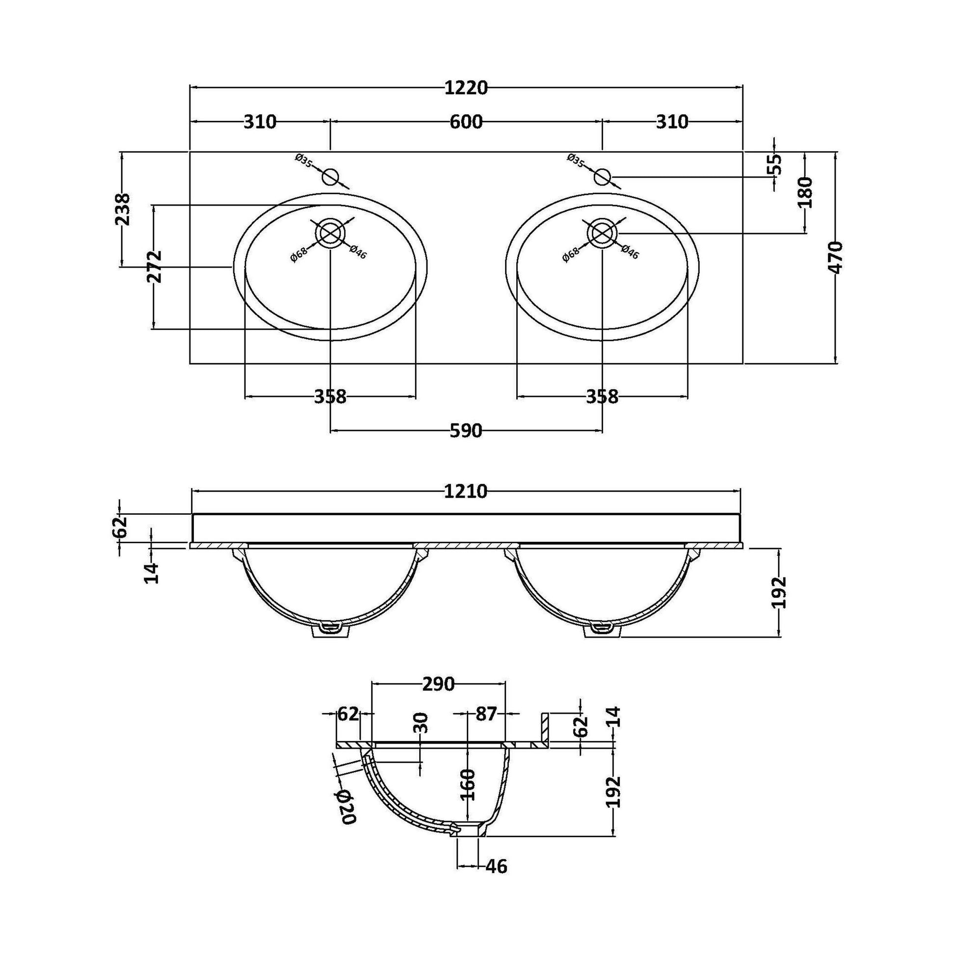 [BCMT233] 1200 Double Bowl Marble Top 1TH - Technical Drawing