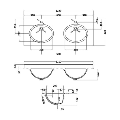 [BCMT234] 1200 Double Bowl Marble Top 1TH - Technical Drawing