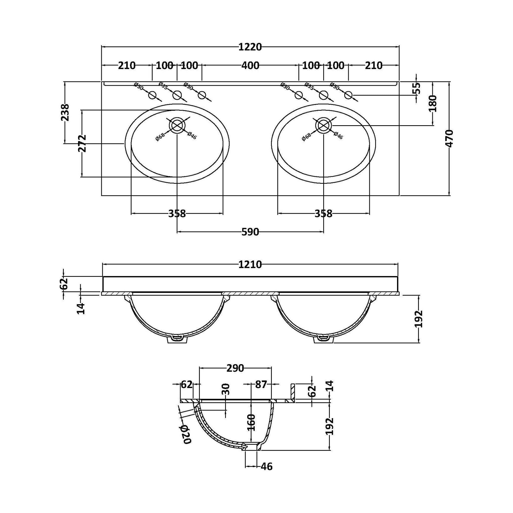 [BCMT236] 1200 Double Bowl Marble Top 3TH - Technical Drawing