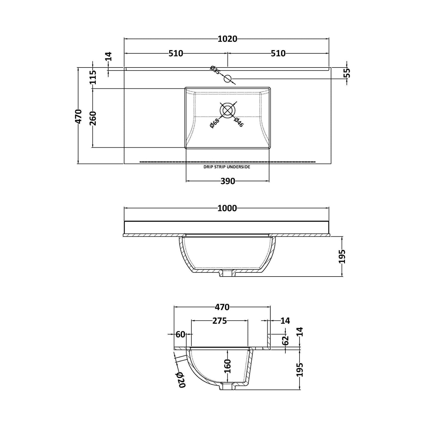 [BCMT246S] 1000 Rectangle Marble Top/Basin 1TH - Technical Drawing