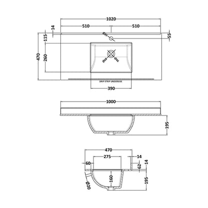 [BCMT246S] 1000 Rectangle Marble Top/Basin 1TH - Technical Drawing