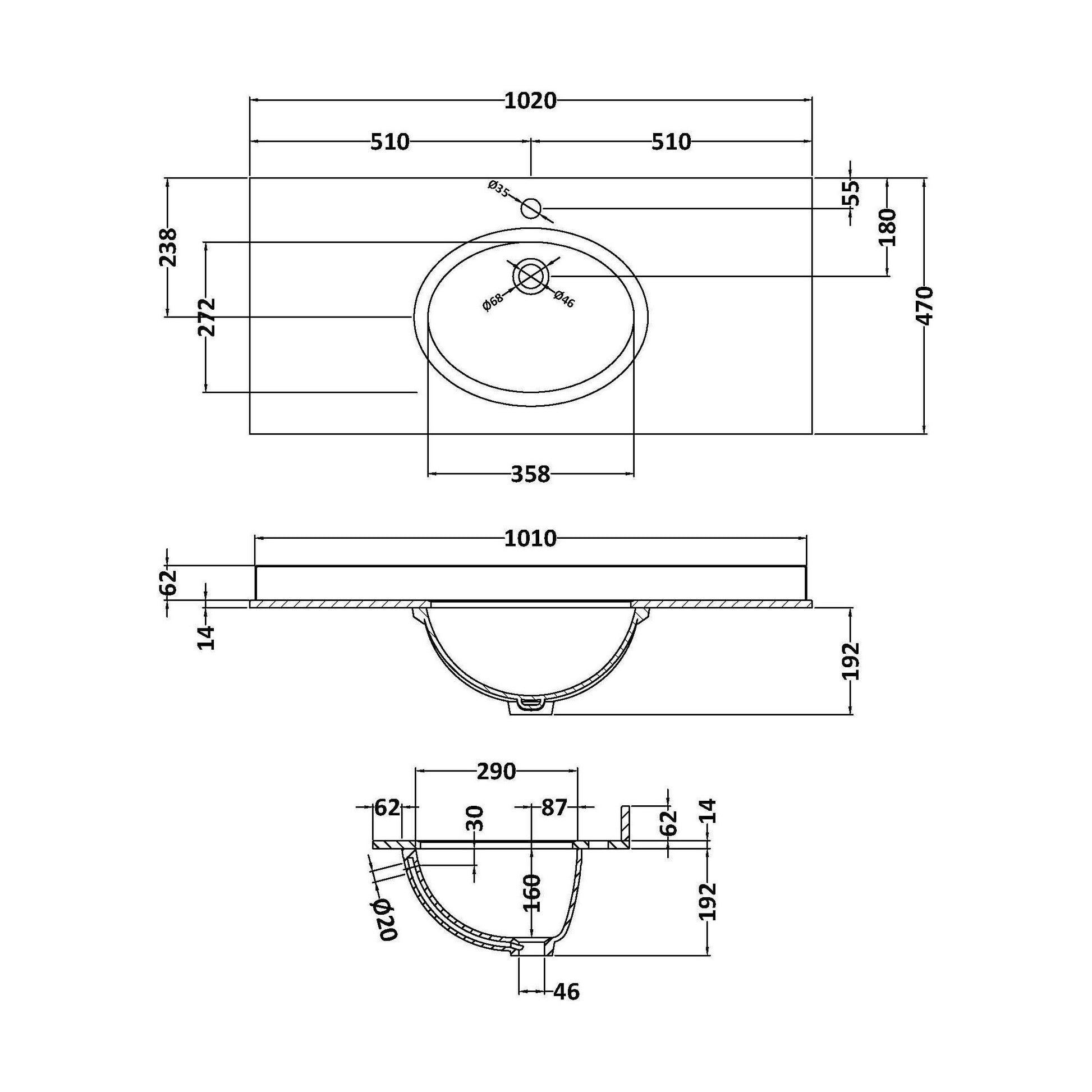 [BCMT247] 1000 Rectangle Marble Top/Basin 1TH - Technical Drawing
