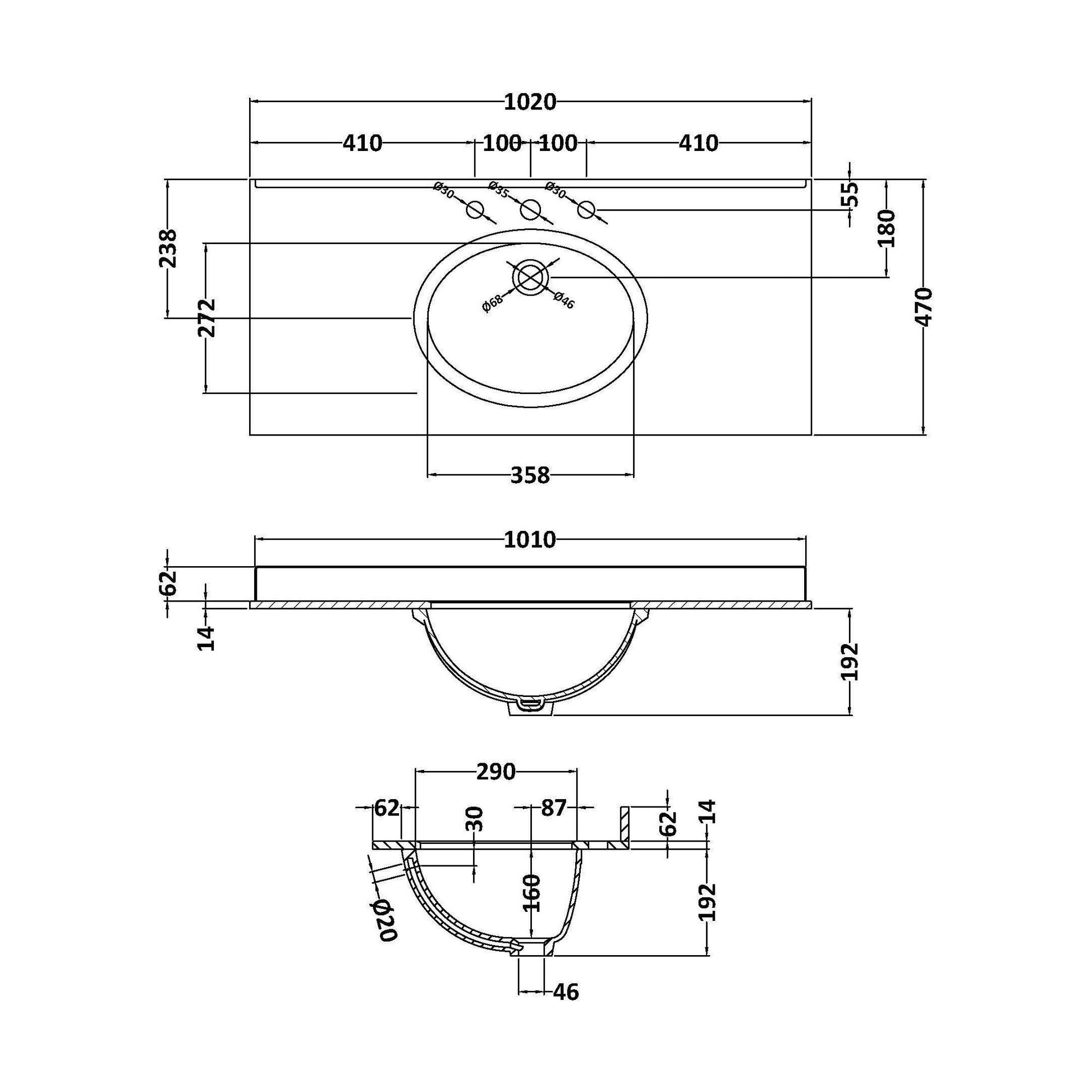 [BCMT248] 1000 Rectangle Marble Top/Basin 3TH - Technical Drawing