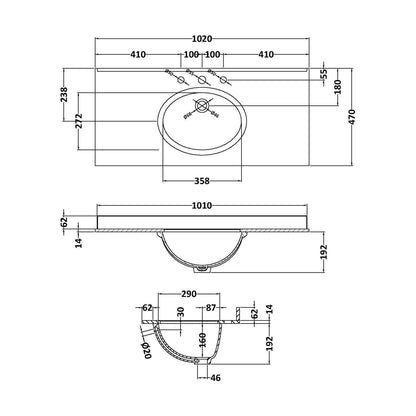 [BCMT249] 1000 Rectangle Marble Top/Basin 3TH - Technical Drawing