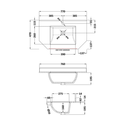[BCMT264] 750 SINGLE BOWL ANGLED MARBLE TOP 1TH - Technical Drawing