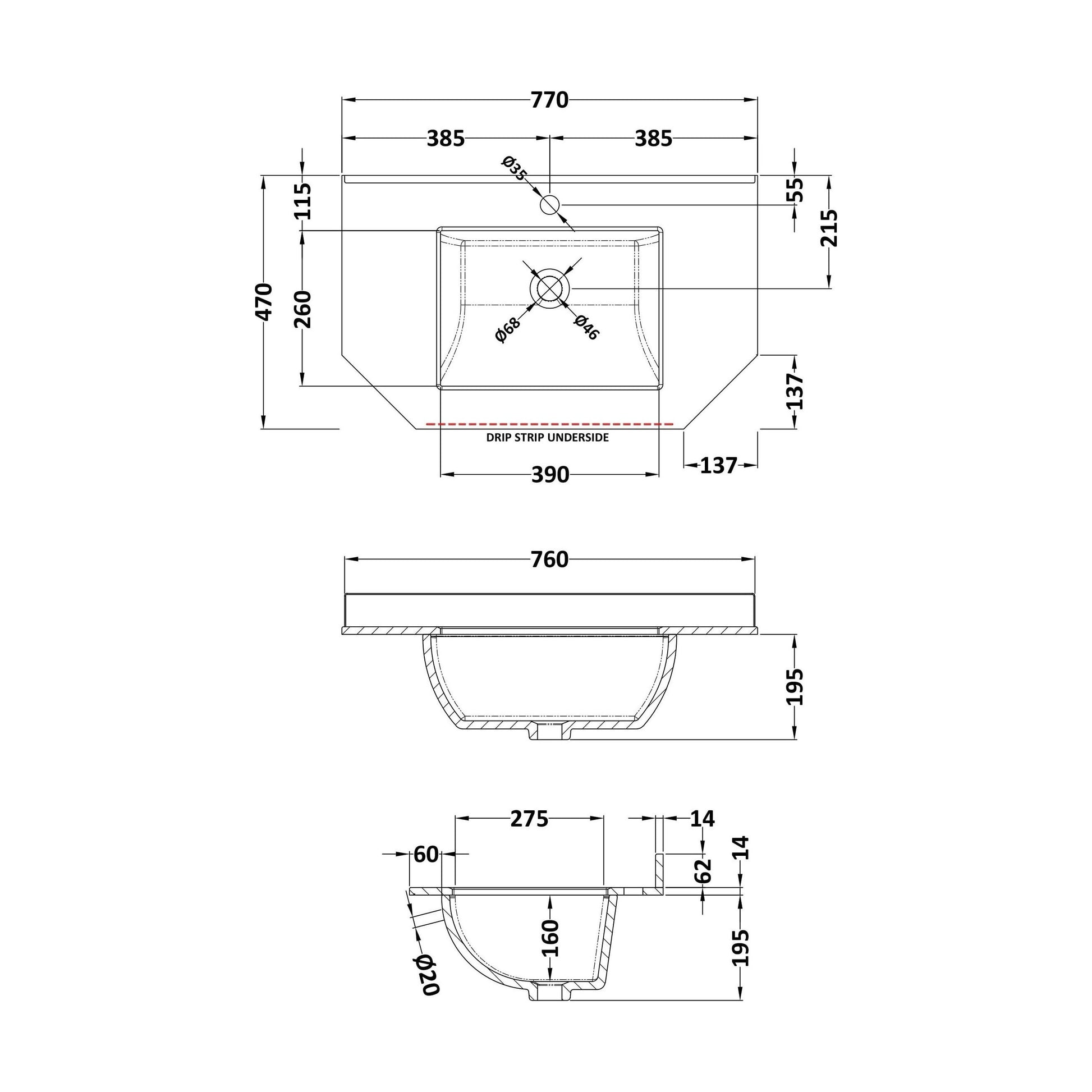 [BCMT265] 750 SINGLE BOWL ANGLED MARBLE TOP 1TH - Technical Drawing