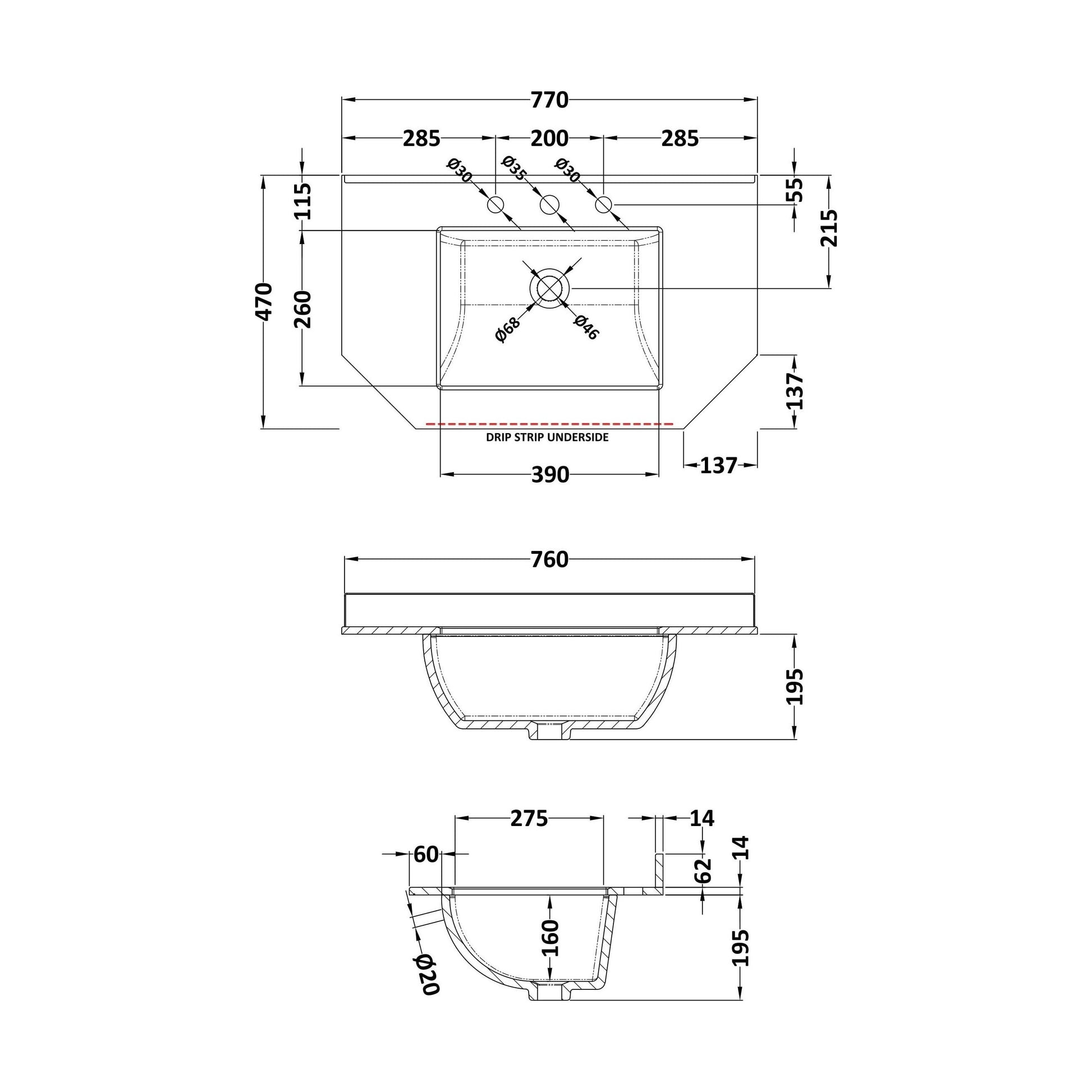 [BCMT267] 750 SINGLE BOWL ANGLED MARBLE TOP 3TH - Technical Drawing