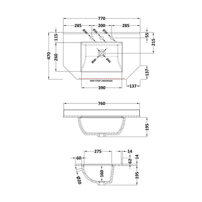 [BCMT267] 750 SINGLE BOWL ANGLED MARBLE TOP 3TH - Technical Drawing