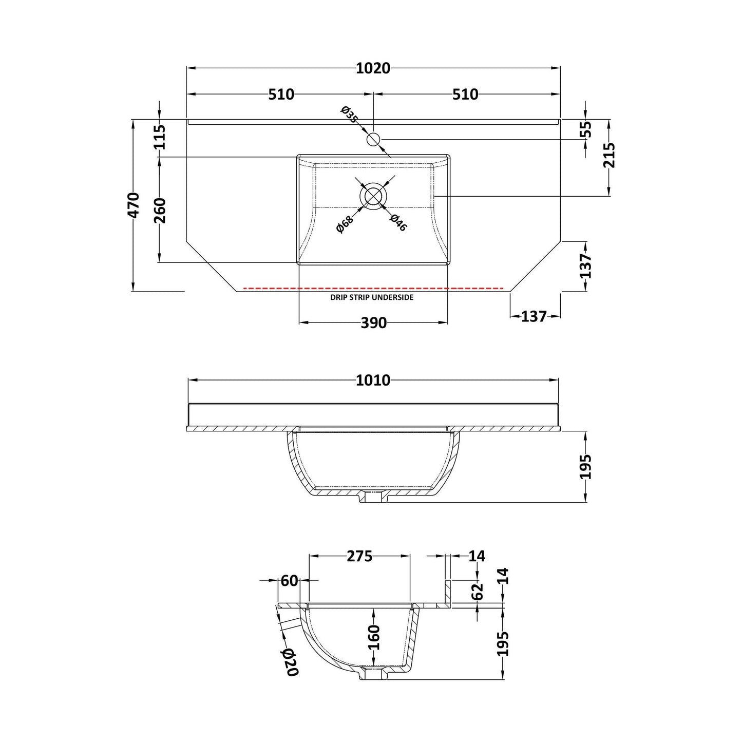 [BCMT271] 1000 SINGLE BOWL ANGLED MARBLE TOP 1TH - Technical Drawing
