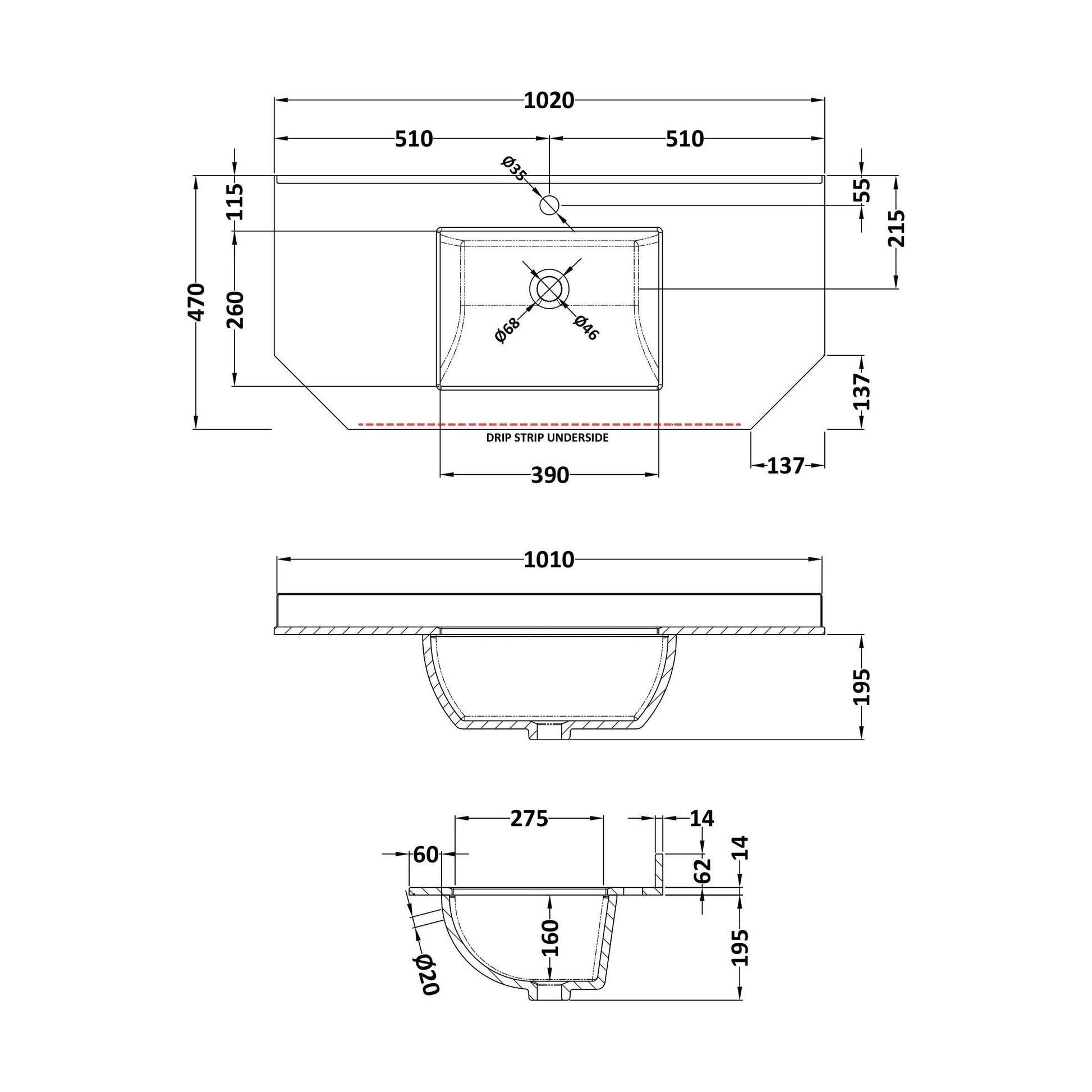 [BCMT271] 1000 SINGLE BOWL ANGLED MARBLE TOP 1TH - Technical Drawing