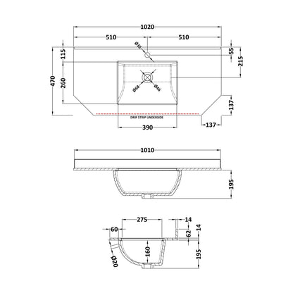 [BCMT271] 1000 SINGLE BOWL ANGLED MARBLE TOP 1TH - Technical Drawing