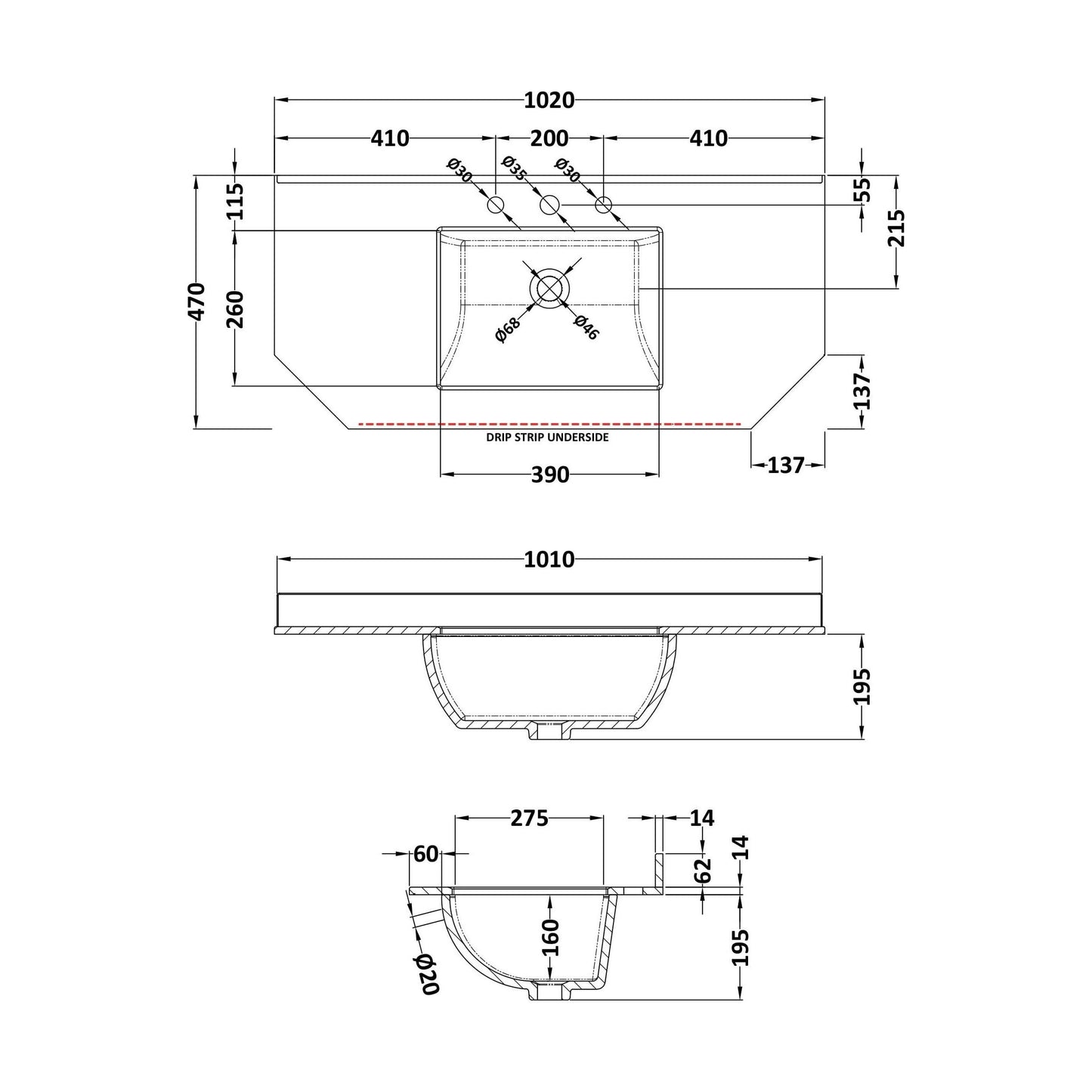 [BCMT272] 1000 SINGLE BOWL ANGLED MARBLE TOP 3TH - Technical Drawing