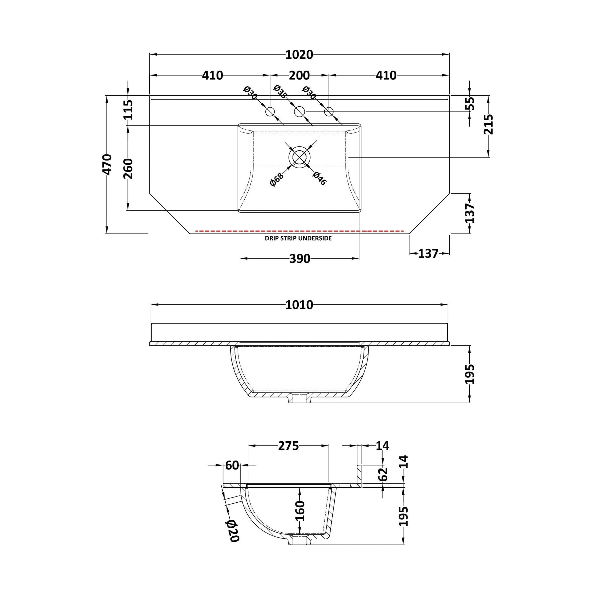 [BCMT272] 1000 SINGLE BOWL ANGLED MARBLE TOP 3TH - Technical Drawing