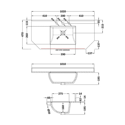 [BCMT272] 1000 SINGLE BOWL ANGLED MARBLE TOP 3TH - Technical Drawing