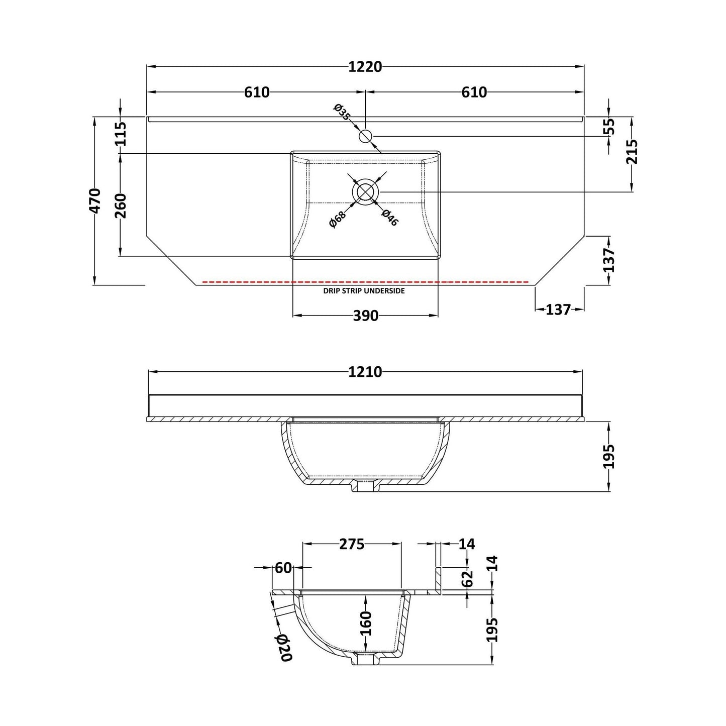 [BCMT276] 1200 SINGLE BOWL ANGLED MARBLE TOP 1TH - Technical Drawing